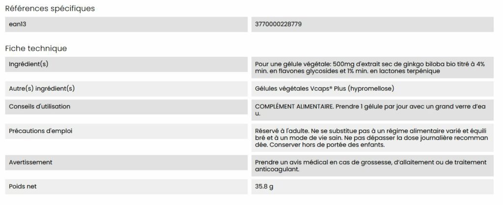 Ginko Biloba Bio 60 gélules à 500 mg